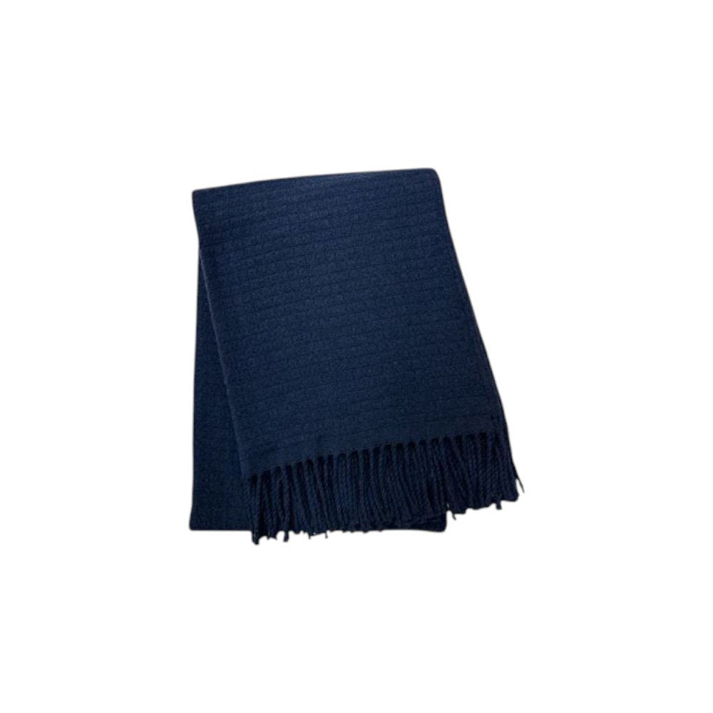 50" X 67" Navy Blue Cotton Blend Woven Throw Blanket with Fringe HomeRoots