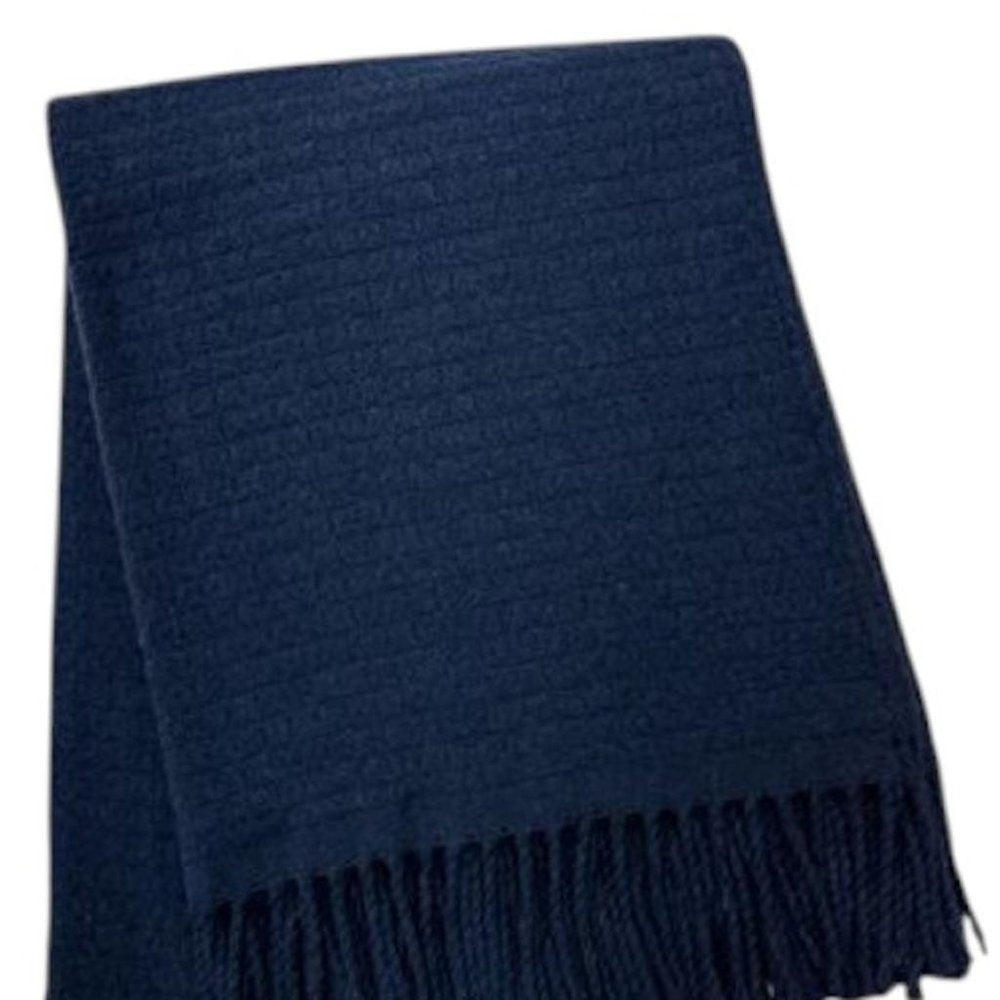50" X 67" Navy Blue Cotton Blend Woven Throw Blanket with Fringe HomeRoots