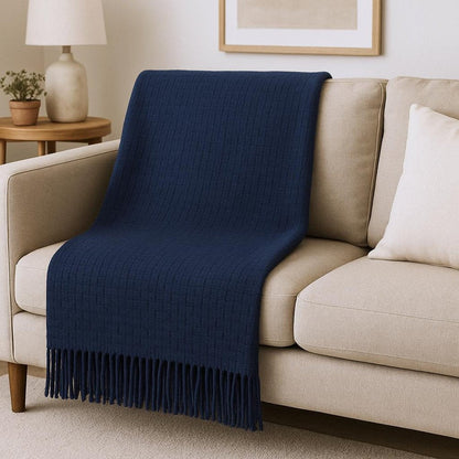 50" X 67" Navy Blue Cotton Blend Woven Throw Blanket with Fringe HomeRoots