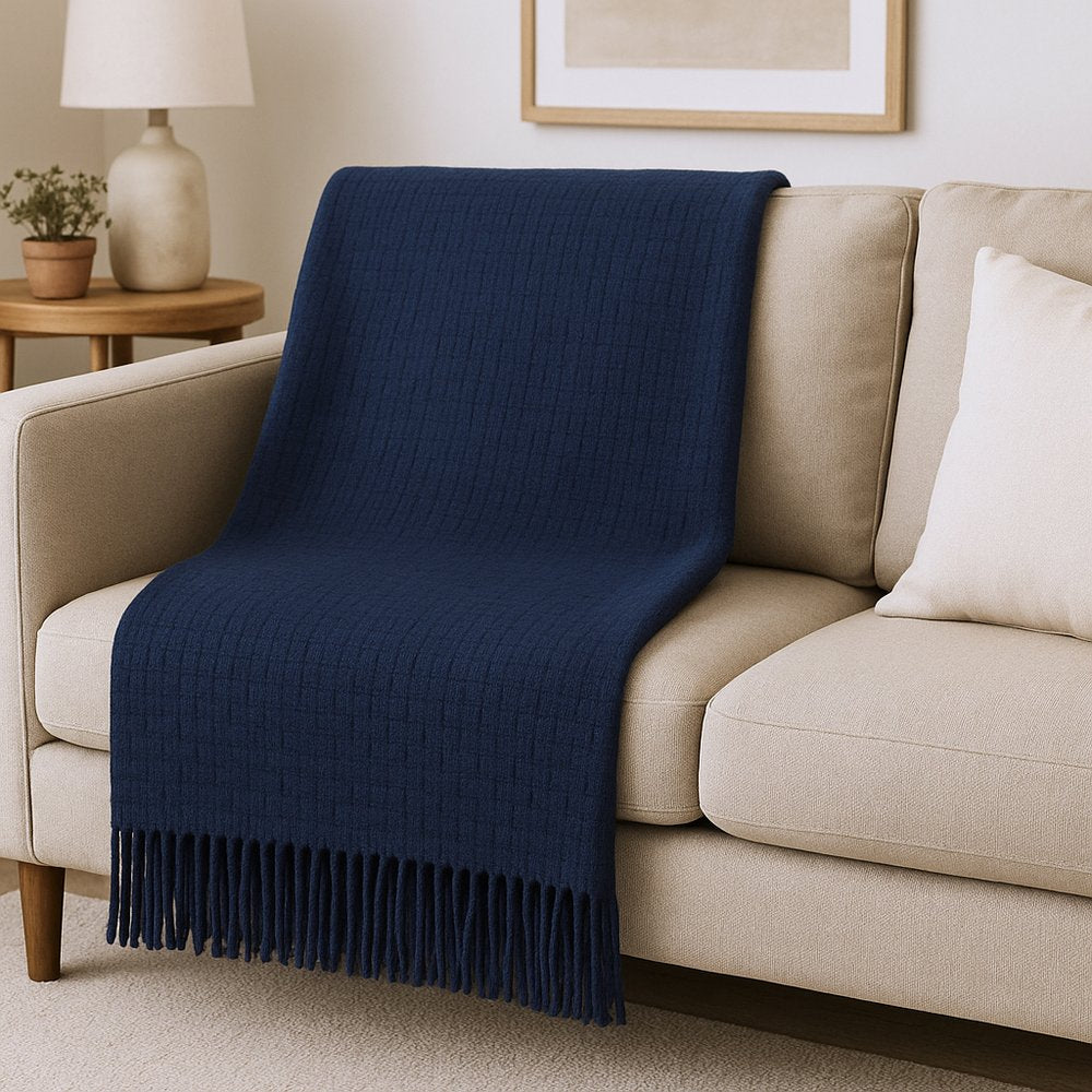 50" X 67" Navy Blue Cotton Blend Woven Throw Blanket with Fringe HomeRoots