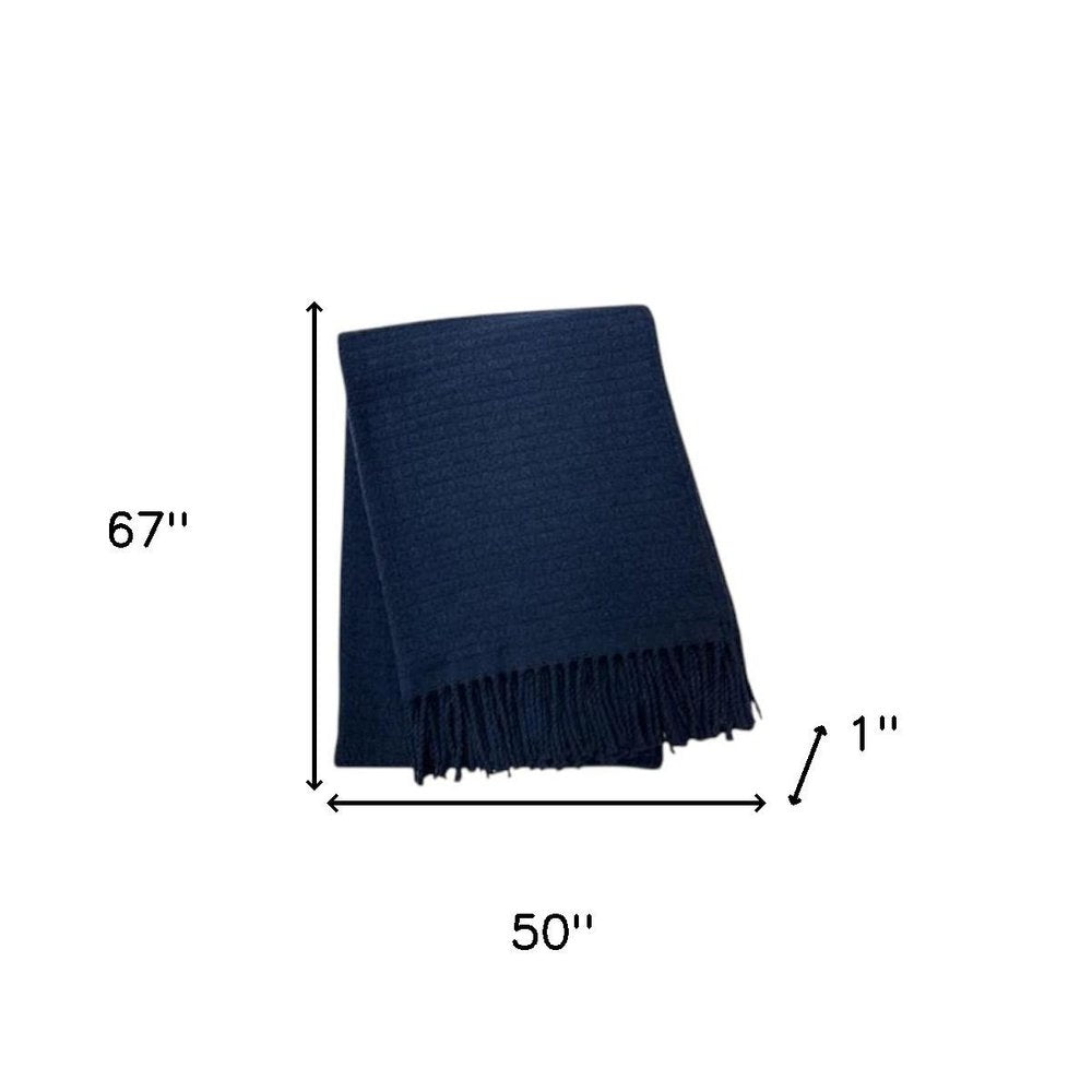 50" X 67" Navy Blue Cotton Blend Woven Throw Blanket with Fringe HomeRoots