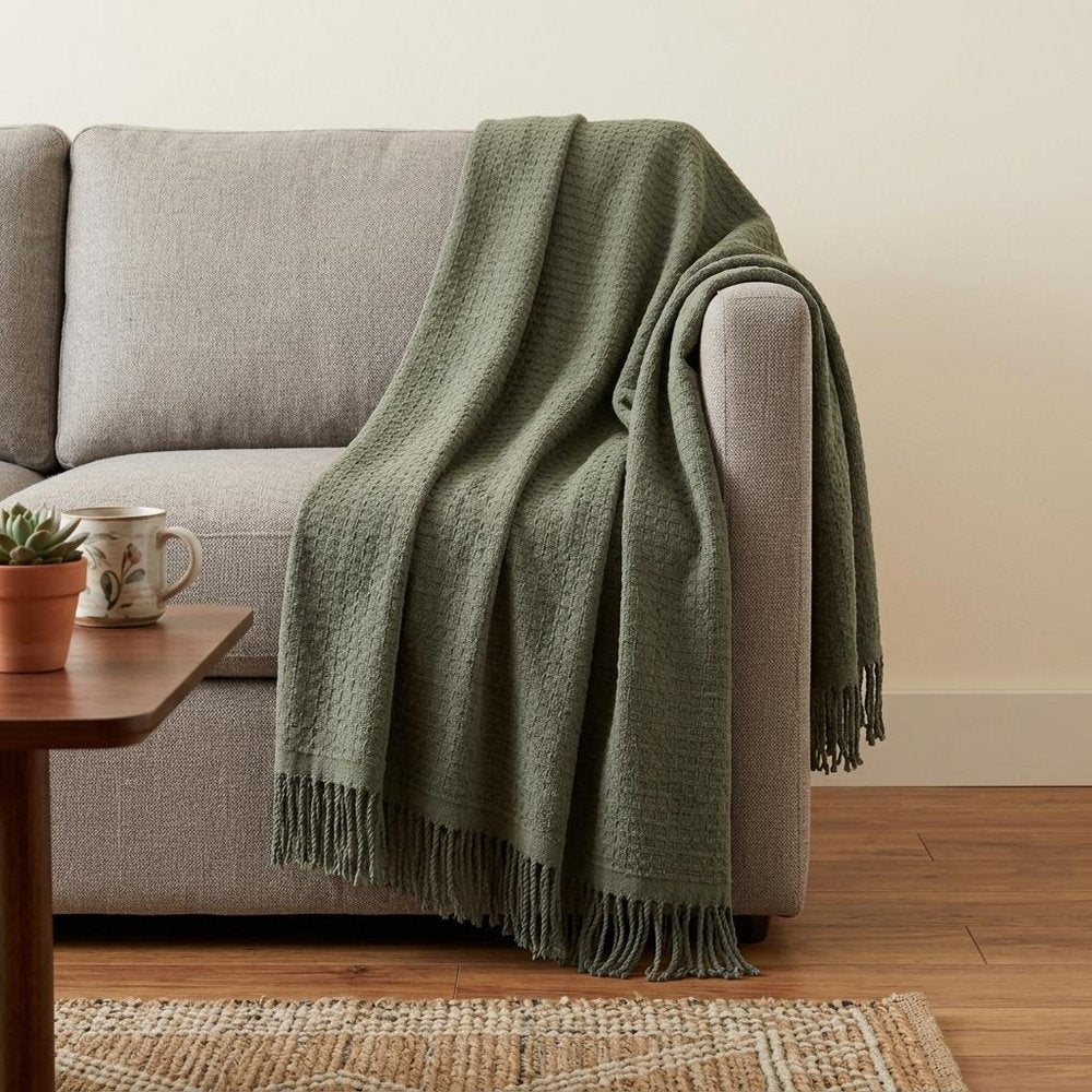 50" X 67" Olive Green Cotton Blend Throw Blanket with Fringe — view 5