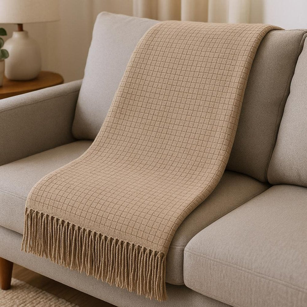 50" X 67" Sand Cotton Blend Woven Throw Blanket with Fringe