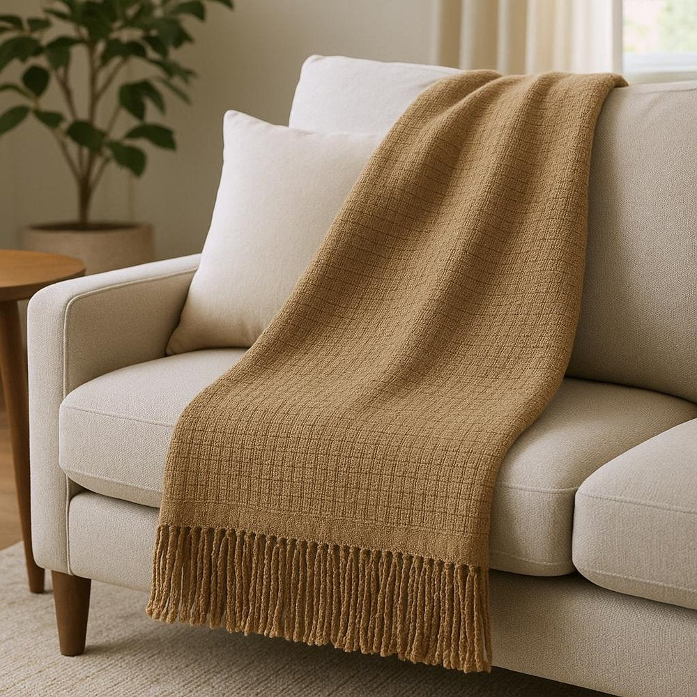 50" X 67" Stone Cotton Blend Woven Throw Blanket with Fringe HomeRoots