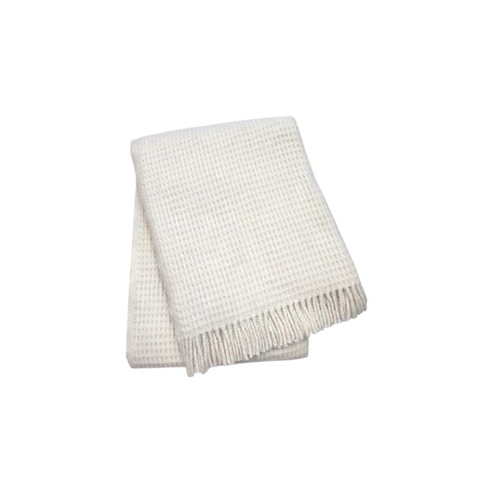 55" X 70" Cream Cotton Blend Waffle Weave Throw Blanket with Fringe HomeRoots