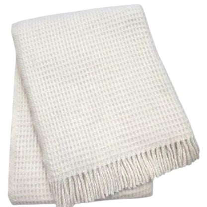 55" X 70" Cream Cotton Blend Waffle Weave Throw Blanket with Fringe HomeRoots