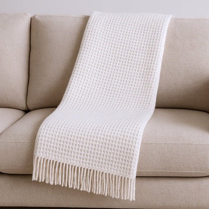 55" X 70" Cream Cotton Blend Waffle Weave Throw Blanket with Fringe HomeRoots