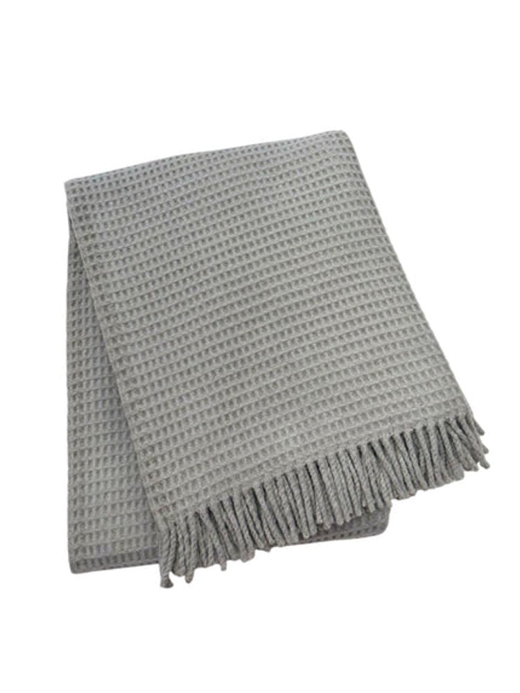 55" X 70" Light Gray Cotton Blend Waffle Weave Throw Blanket with Fringe HomeRoots