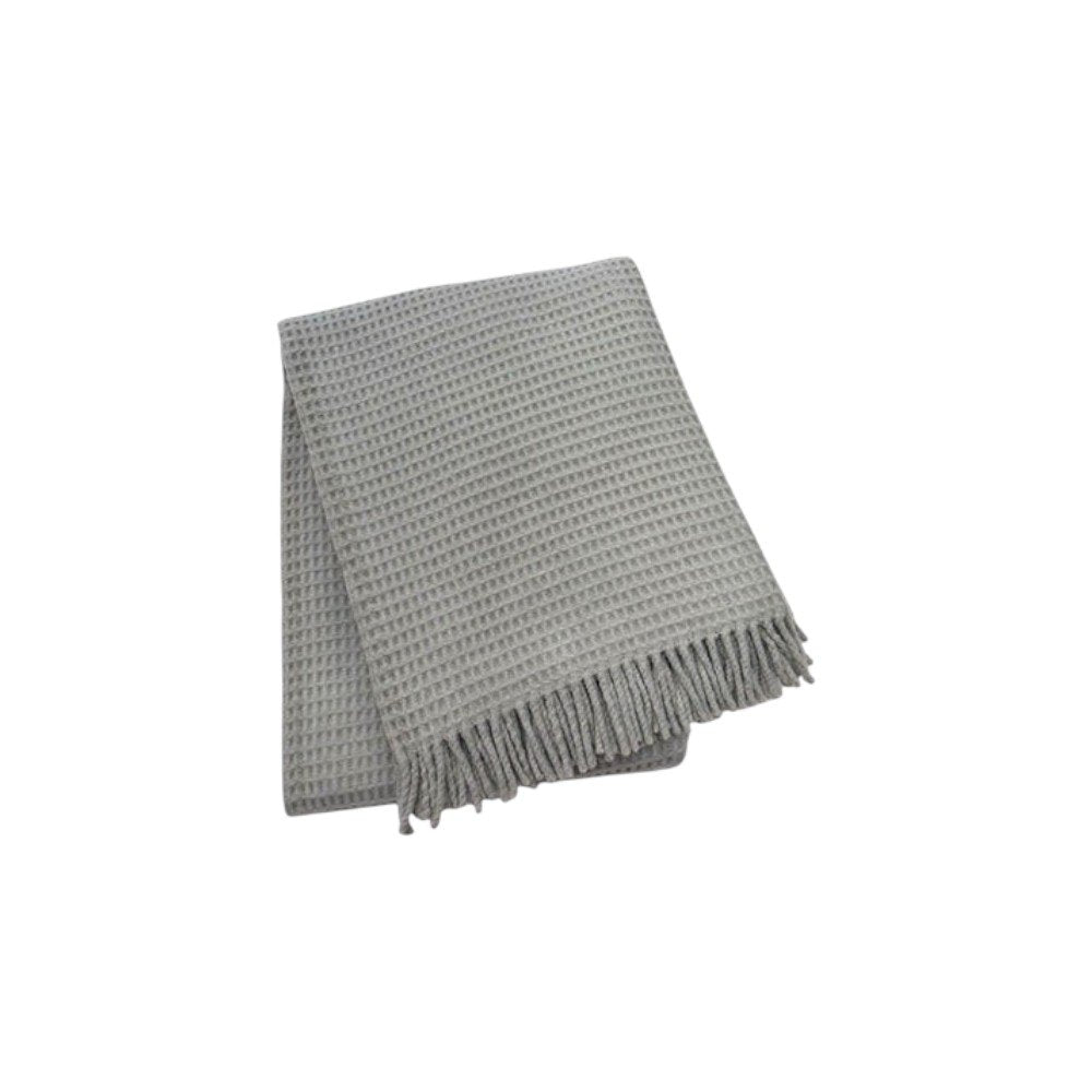 55" X 70" Light Gray Cotton Blend Waffle Weave Throw Blanket with Fringe HomeRoots