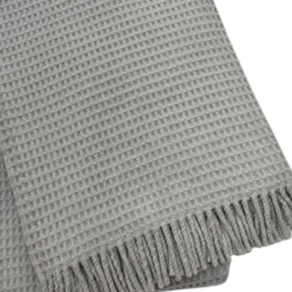 55" X 70" Light Gray Cotton Blend Waffle Weave Throw Blanket with Fringe HomeRoots