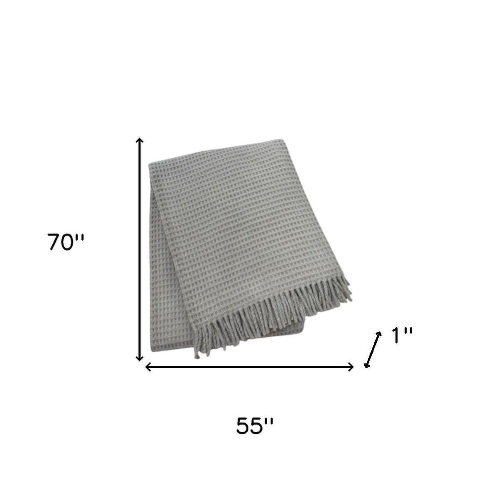 55" X 70" Light Gray Cotton Blend Waffle Weave Throw Blanket with Fringe HomeRoots