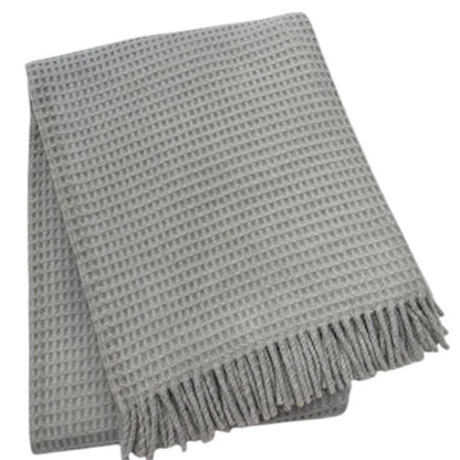 55" X 70" Light Gray Cotton Blend Waffle Weave Throw Blanket with Fringe HomeRoots