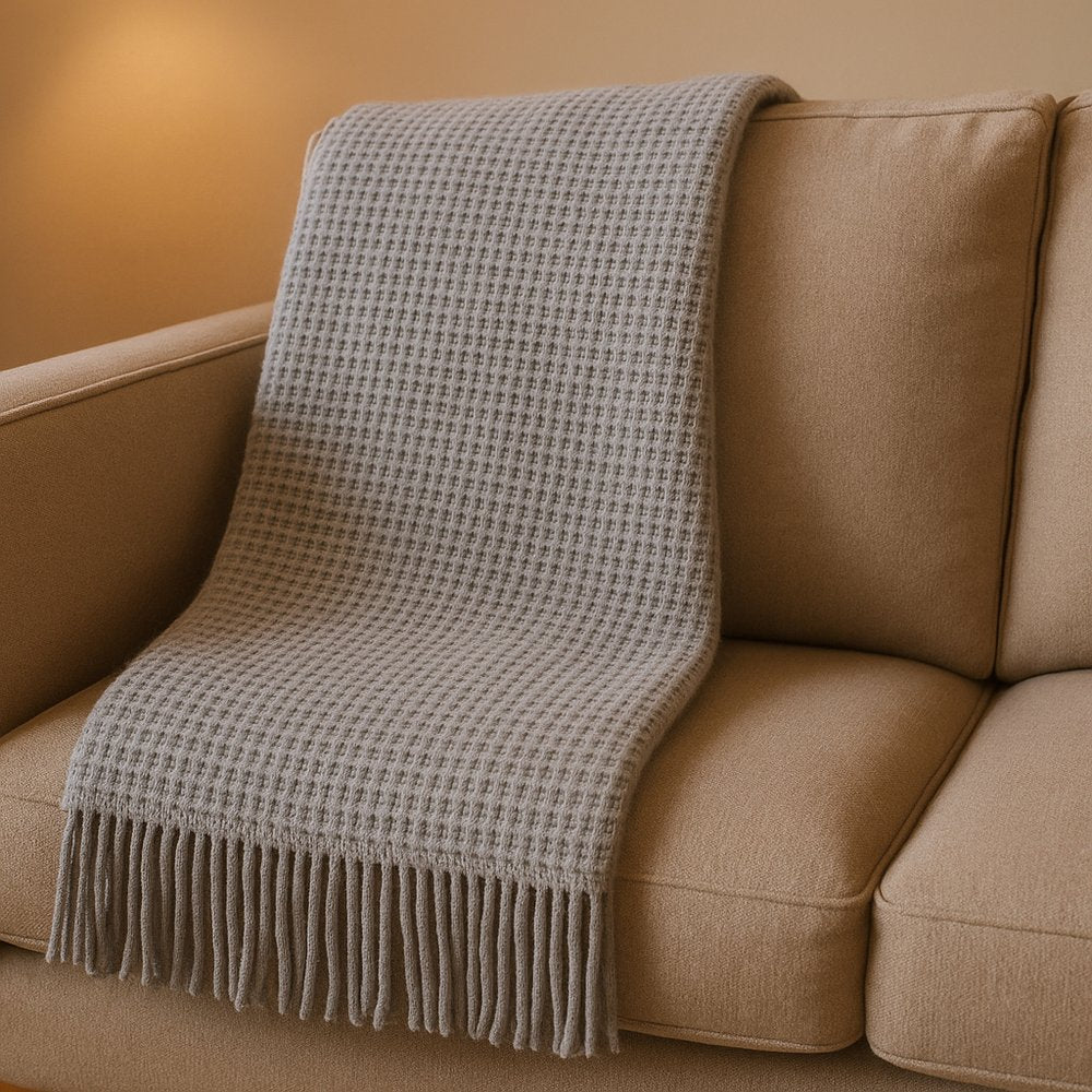 55" X 70" Light Gray Cotton Blend Waffle Weave Throw Blanket with Fringe HomeRoots
