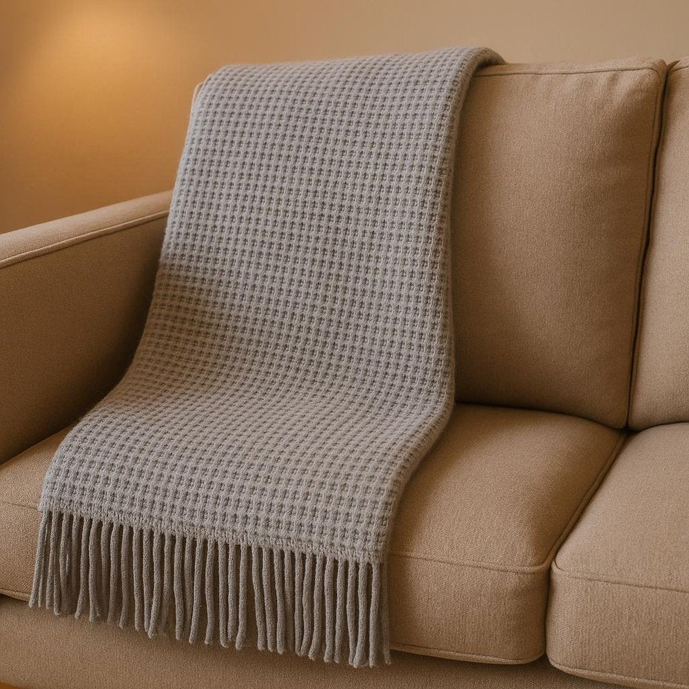 55" X 70" Light Gray Cotton Blend Waffle Weave Throw Blanket with Fringe HomeRoots