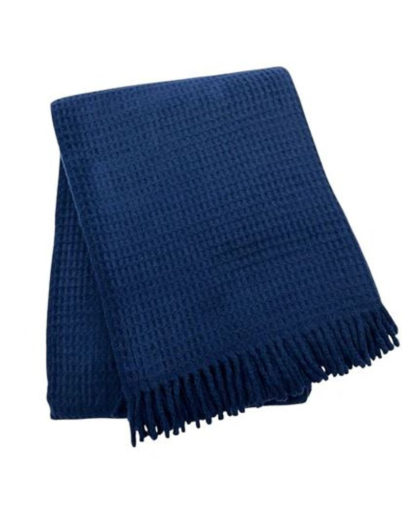 55" X 70" Navy Blue Cotton Blend Waffle Weave Throw Blanket with Fringe HomeRoots