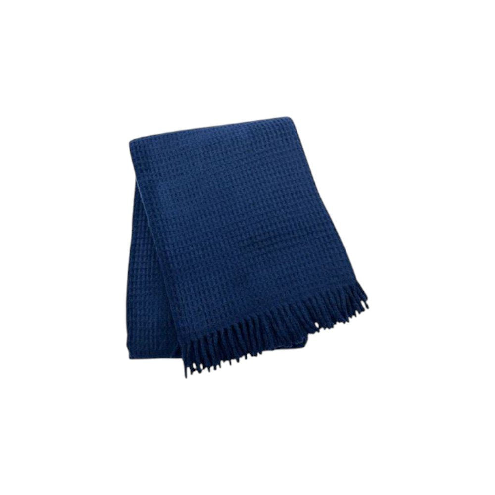 55" X 70" Navy Blue Cotton Blend Waffle Weave Throw Blanket with Fringe HomeRoots