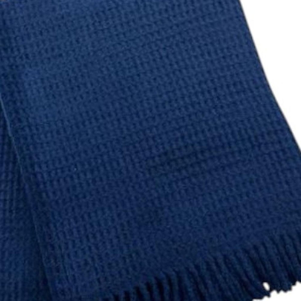 55" X 70" Navy Blue Cotton Blend Waffle Weave Throw Blanket with Fringe HomeRoots