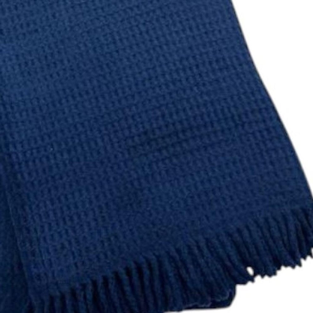 55" X 70" Navy Blue Cotton Blend Waffle Weave Throw Blanket with Fringe HomeRoots