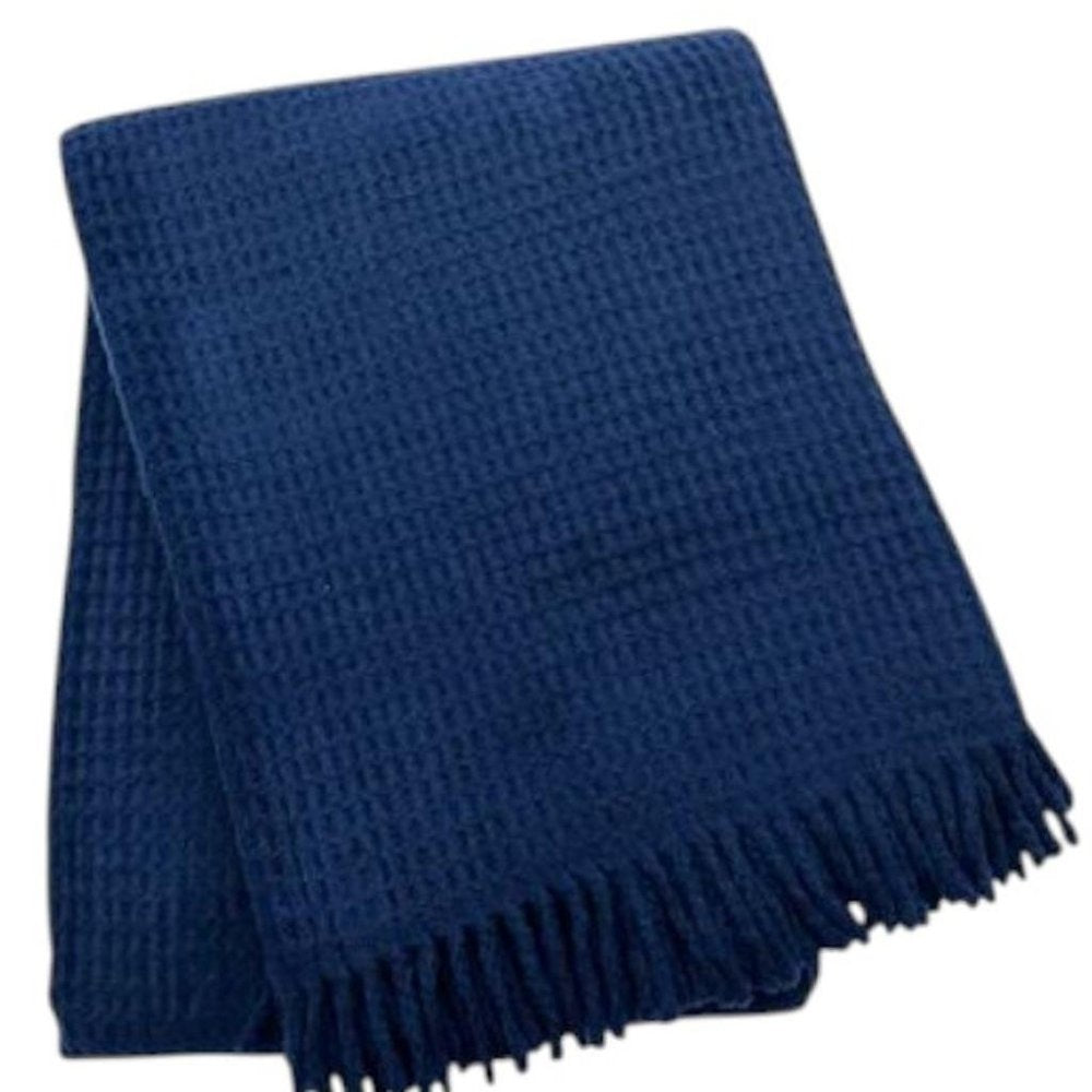 55" X 70" Navy Blue Cotton Blend Waffle Weave Throw Blanket with Fringe HomeRoots