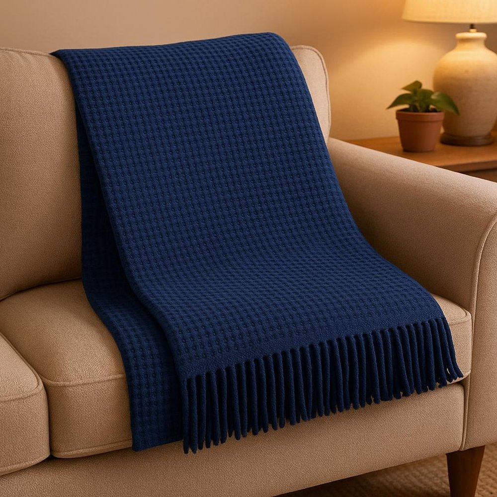 55" X 70" Navy Blue Cotton Blend Waffle Weave Throw Blanket with Fringe HomeRoots