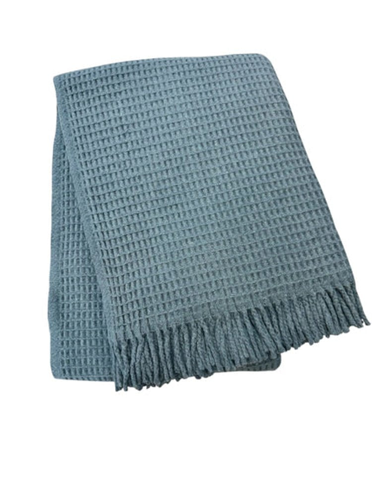 55" X 70" Slate Blue Cotton Blend Waffle Weave Throw Blanket with Fringe HomeRoots