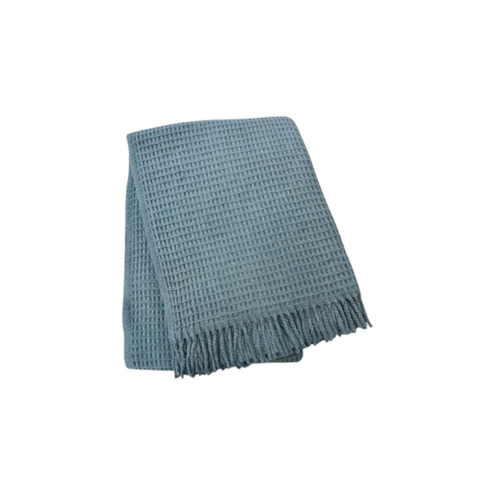 55" X 70" Slate Blue Cotton Blend Waffle Weave Throw Blanket with Fringe HomeRoots