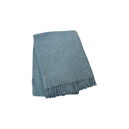 55" X 70" Slate Blue Cotton Blend Waffle Weave Throw Blanket with Fringe HomeRoots