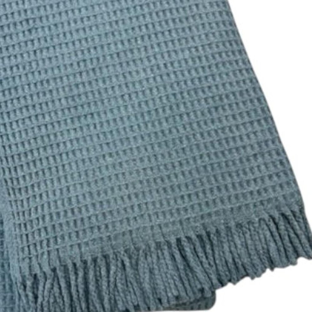 55" X 70" Slate Blue Cotton Blend Waffle Weave Throw Blanket with Fringe HomeRoots