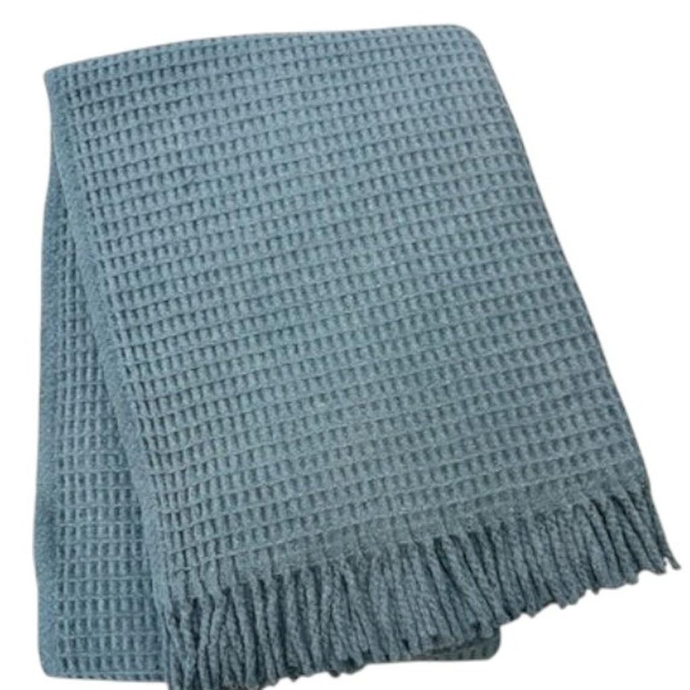 55" X 70" Slate Blue Cotton Blend Waffle Weave Throw Blanket with Fringe HomeRoots