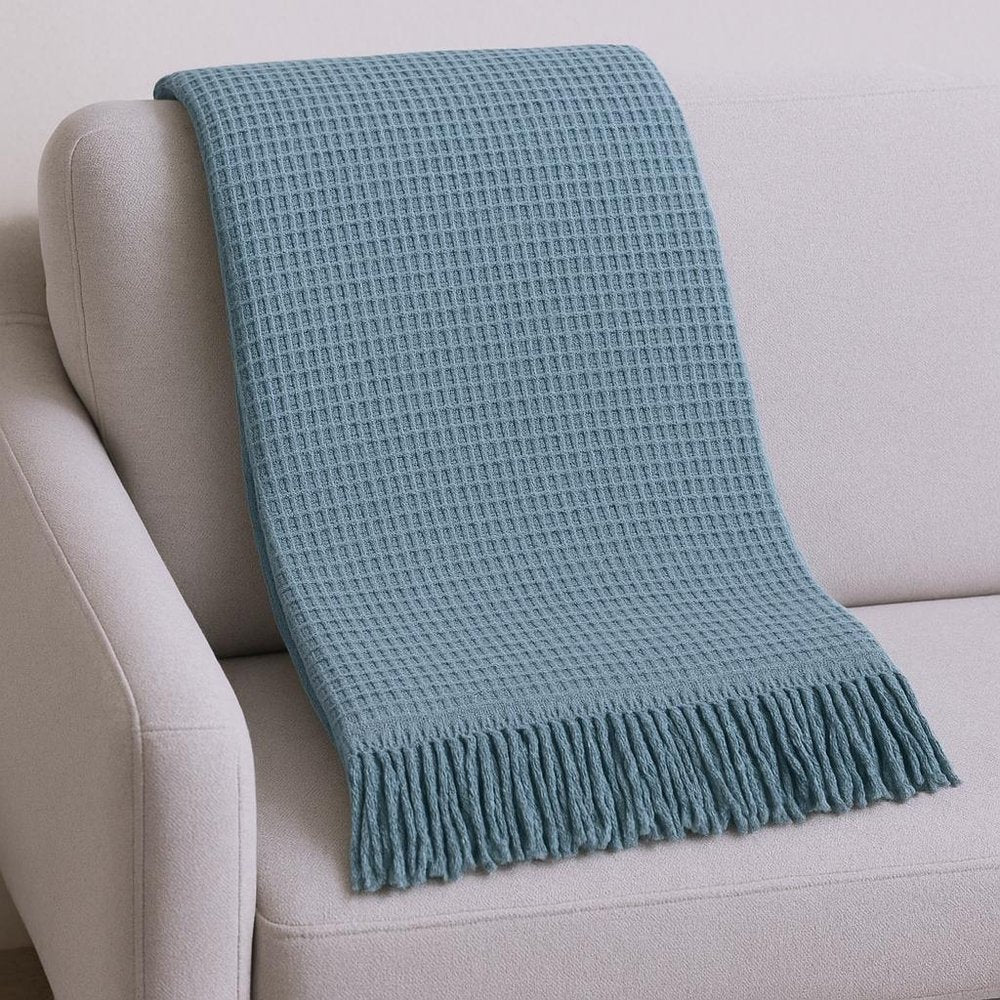 55" X 70" Slate Blue Cotton Blend Waffle Weave Throw Blanket with Fringe HomeRoots