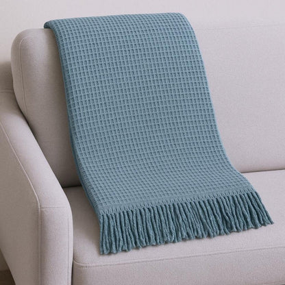 55" X 70" Slate Blue Cotton Blend Waffle Weave Throw Blanket with Fringe HomeRoots