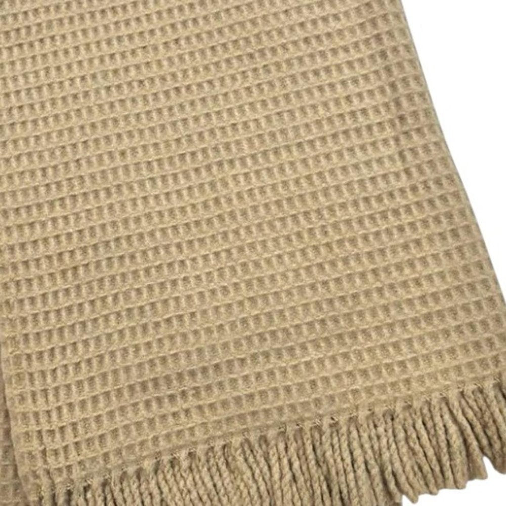 55" X 70" Stone Cotton Blend Woven Plush Throw Blanket with Fringe HomeRoots