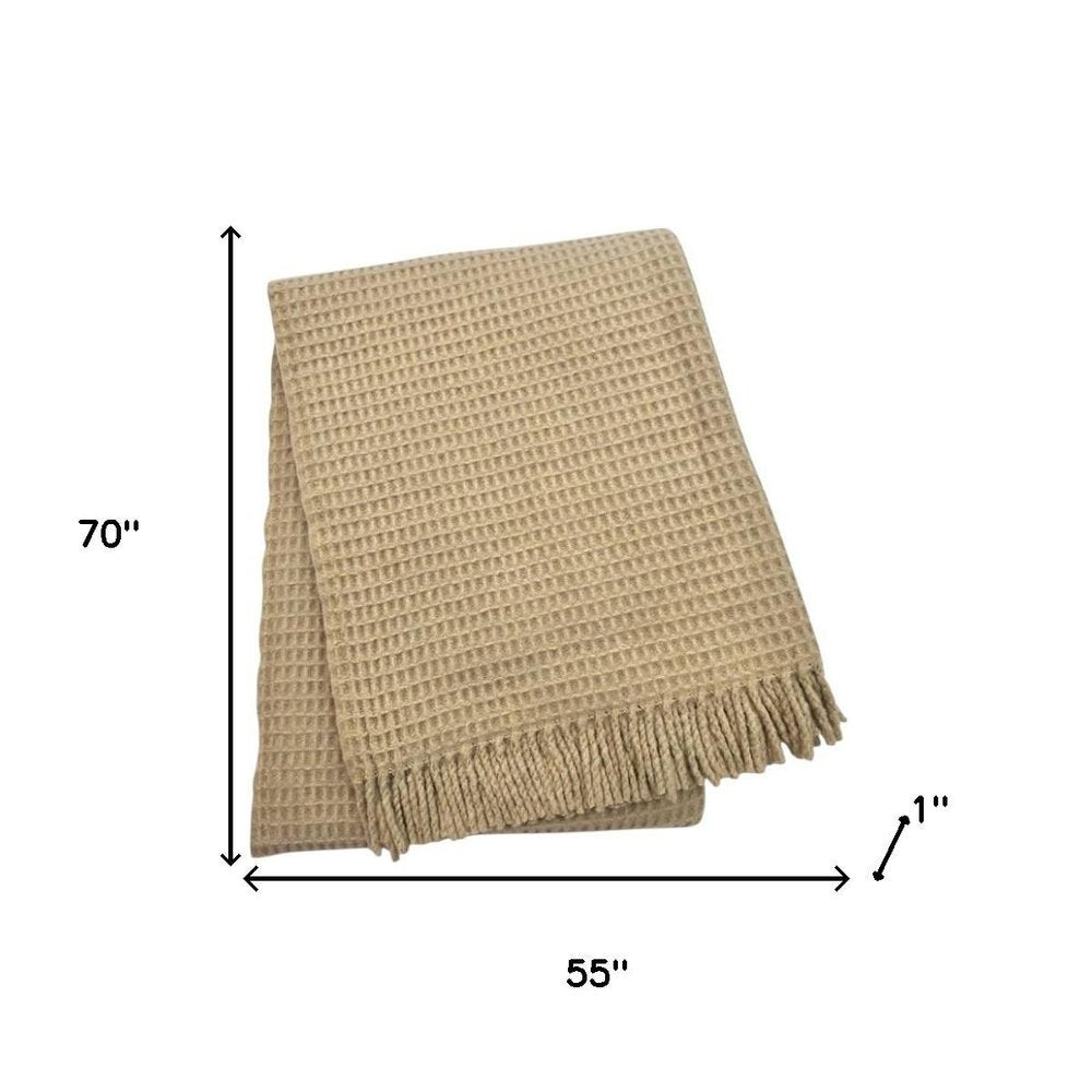 55" X 70" Stone Cotton Blend Woven Plush Throw Blanket with Fringe HomeRoots