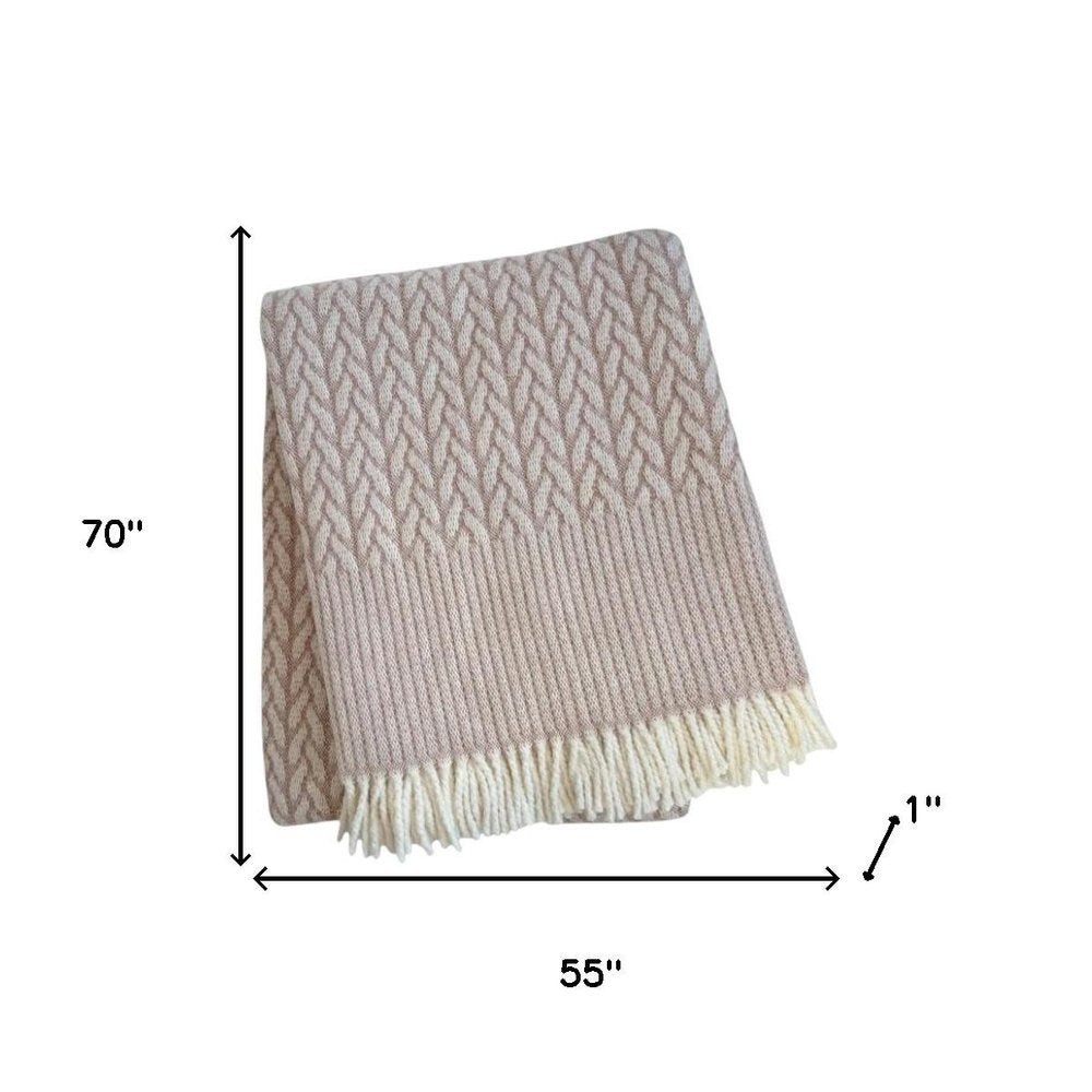 55" X 70" Dusty Rose Cotton Blend Woven Plush Throw Blanket with Fringe HomeRoots