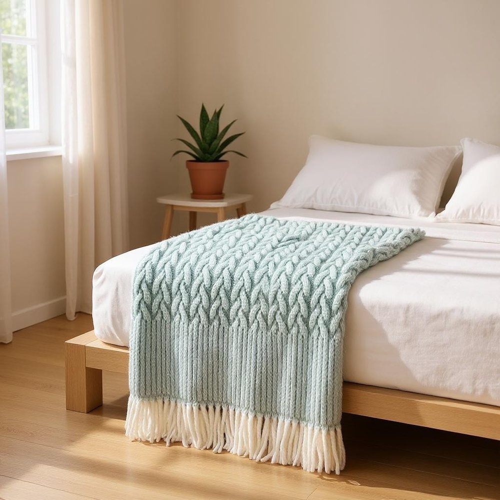 55" X 70" Sage Cotton Blend Woven Plush Throw Blanket with Fringe HomeRoots