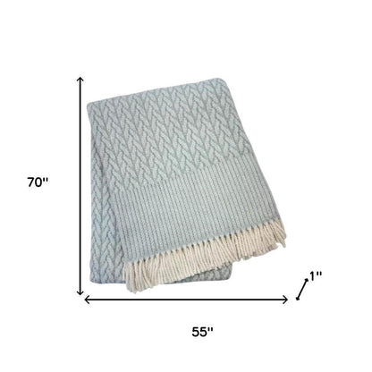 55" X 70" Sky Blue Cotton Blend Woven Plush Throw Blanket with Fringe HomeRoots