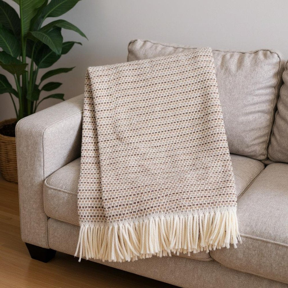 55" X 70" Camel Cotton Blend Woven Plush Throw Blanket with Fringe HomeRoots