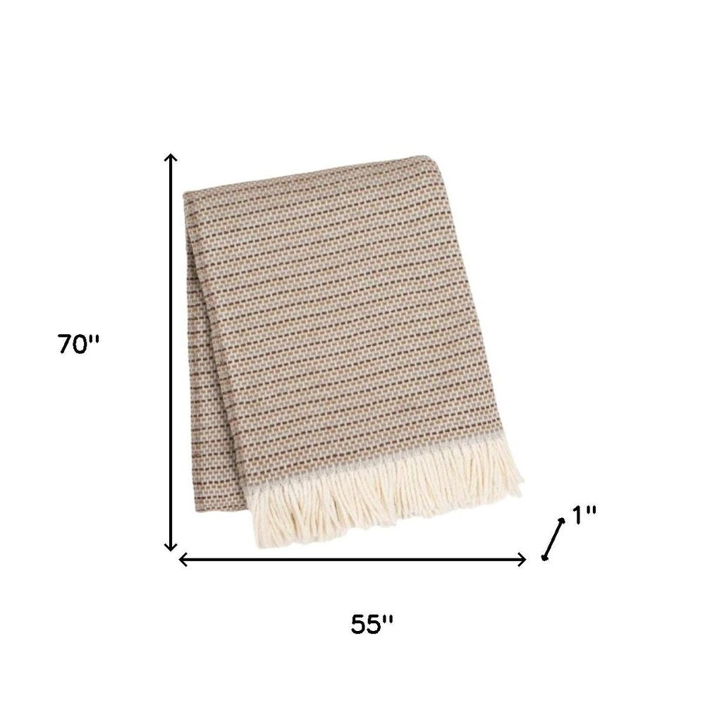55" X 70" Camel Cotton Blend Woven Plush Throw Blanket with Fringe HomeRoots
