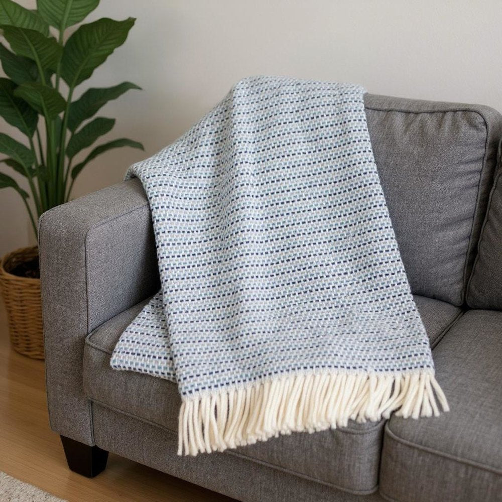 55" X 70" Denim Blue Cotton Blend Woven Plush Throw Blanket with Fringe HomeRoots