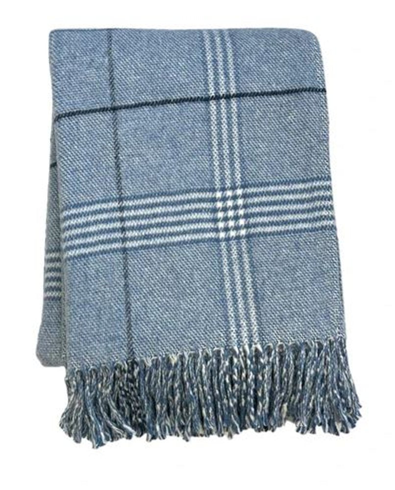 50" X 67" Denim Blue And White Cotton Blend Woven Plaid Throw Blanket with Fringe HomeRoots