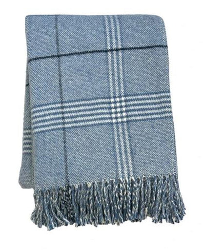 50" X 67" Denim Blue And White Cotton Blend Woven Plaid Throw Blanket with Fringe HomeRoots