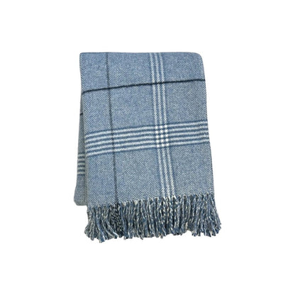 50" X 67" Denim Blue And White Cotton Blend Woven Plaid Throw Blanket with Fringe HomeRoots