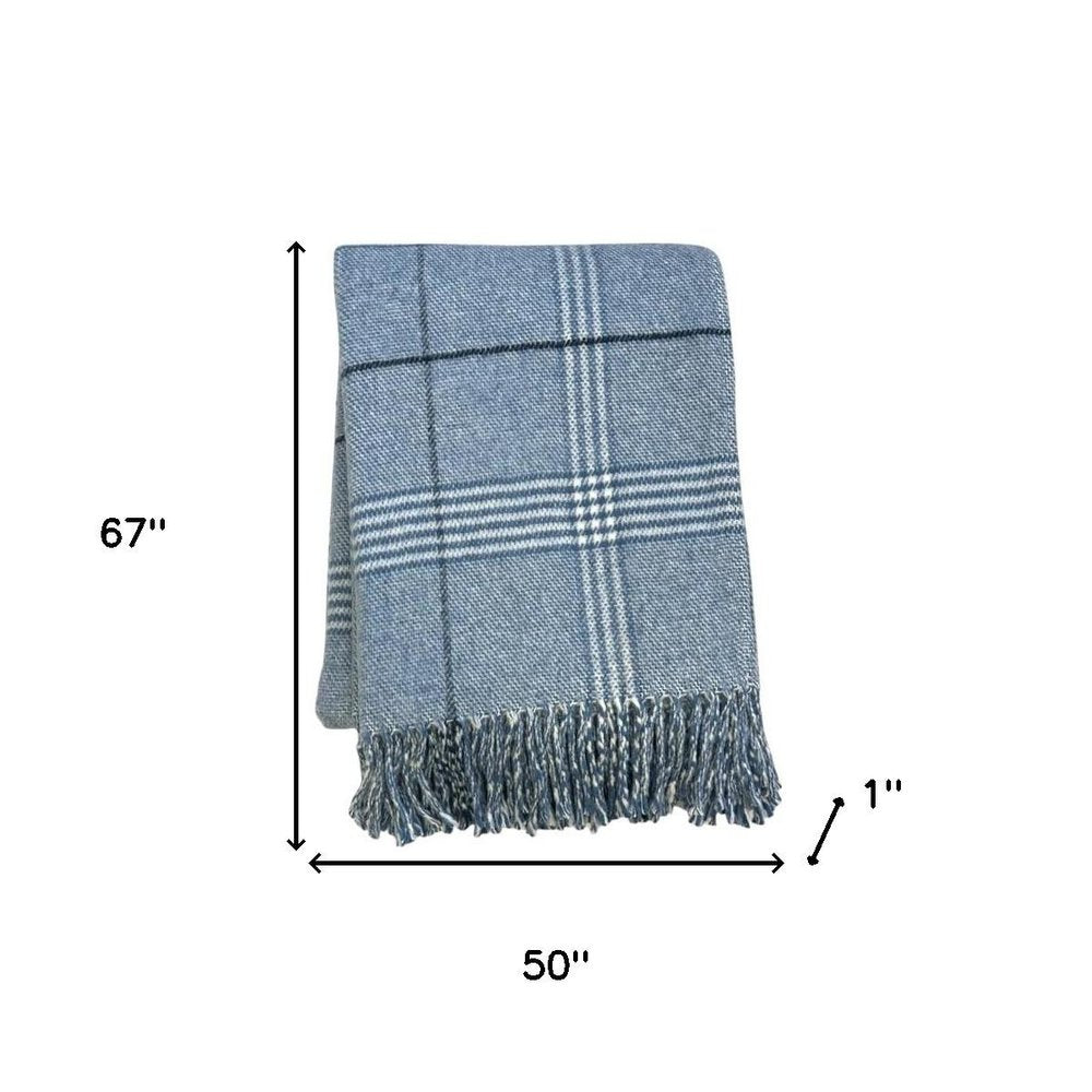 50" X 67" Denim Blue And White Cotton Blend Woven Plaid Throw Blanket with Fringe HomeRoots