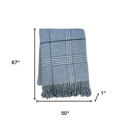 50" X 67" Denim Blue And White Cotton Blend Woven Plaid Throw Blanket with Fringe HomeRoots