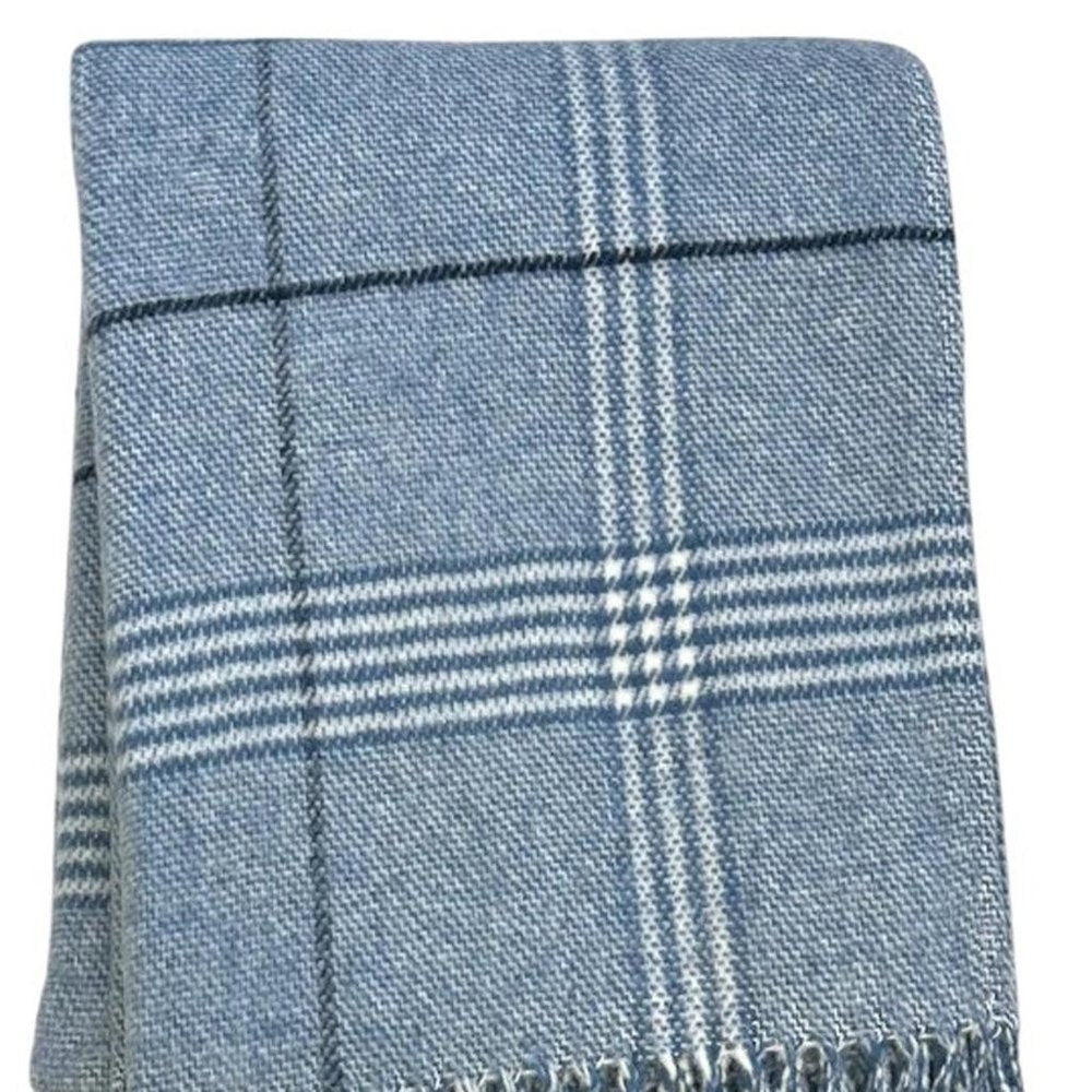 50" X 67" Denim Blue And White Cotton Blend Woven Plaid Throw Blanket with Fringe HomeRoots
