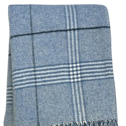 50" X 67" Denim Blue And White Cotton Blend Woven Plaid Throw Blanket with Fringe HomeRoots