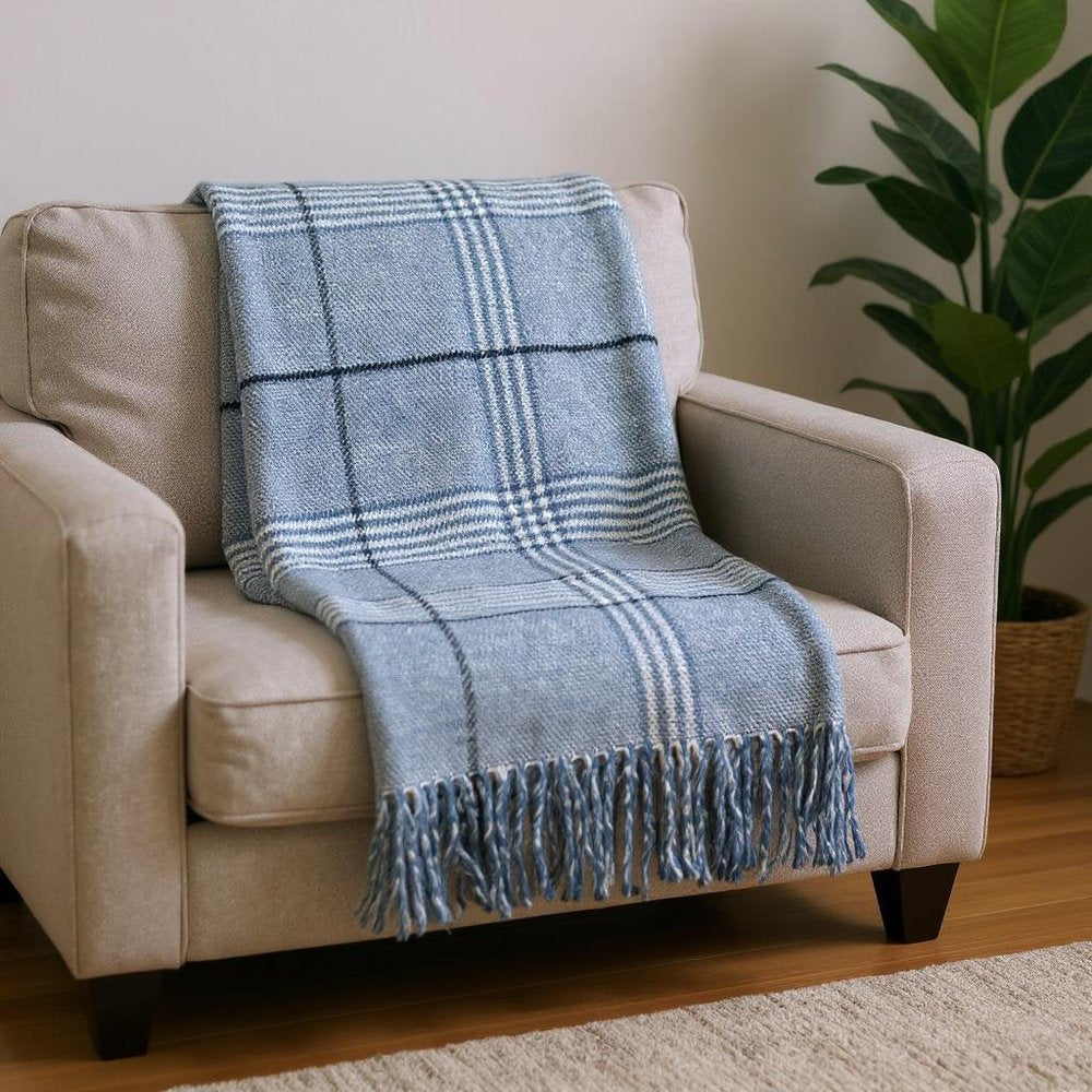 50" X 67" Denim Blue And White Cotton Blend Woven Plaid Throw Blanket with Fringe HomeRoots