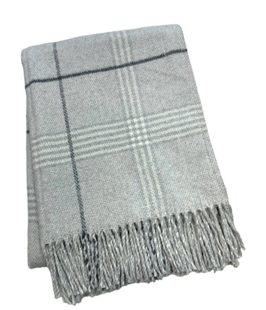 50" X 67" Light Gray And White Cotton Blend Woven Plaid Throw Blanket with Fringe HomeRoots
