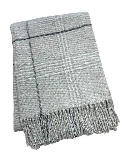 50" X 67" Light Gray And White Cotton Blend Woven Plaid Throw Blanket with Fringe HomeRoots