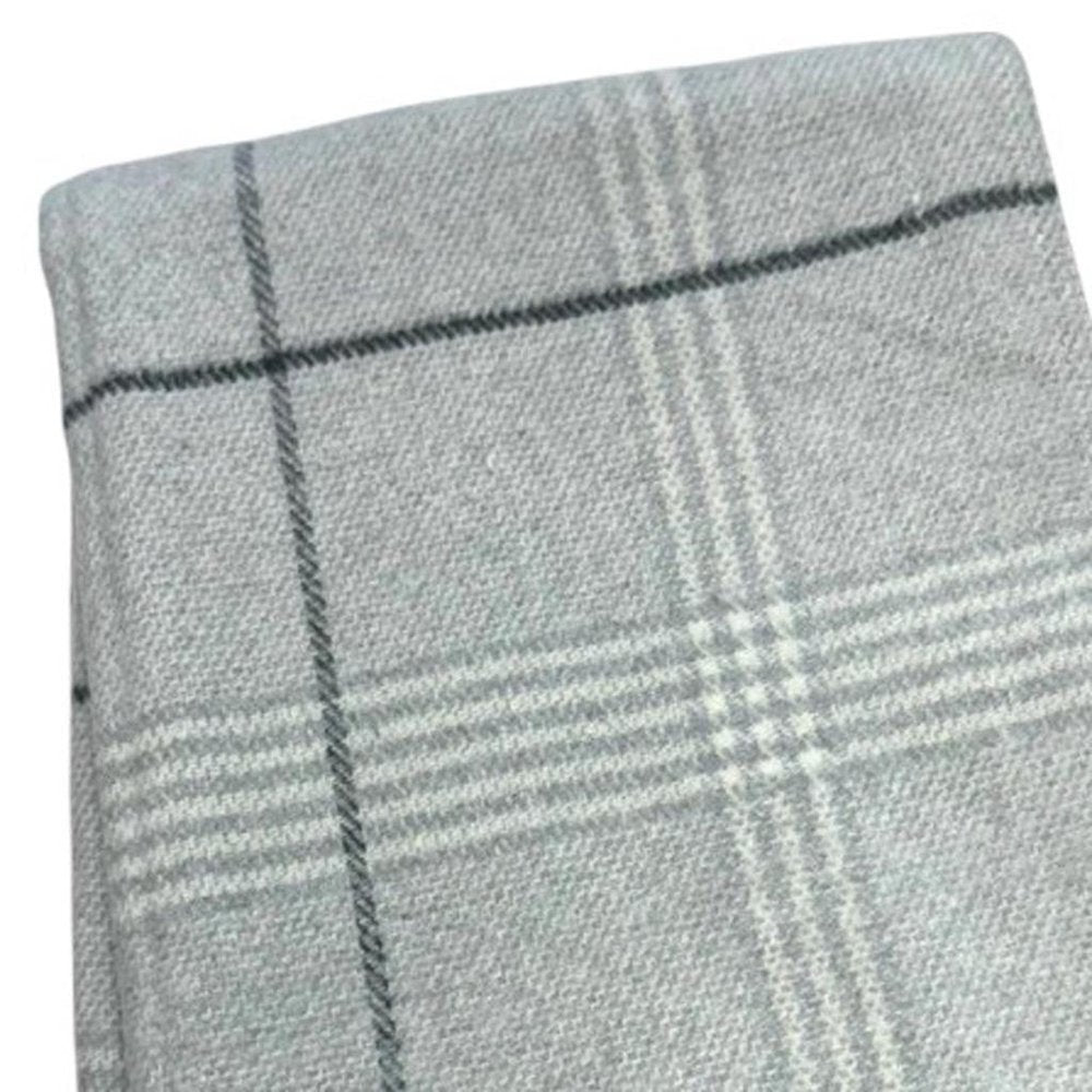 50" X 67" Light Gray And White Cotton Blend Woven Plaid Throw Blanket with Fringe HomeRoots